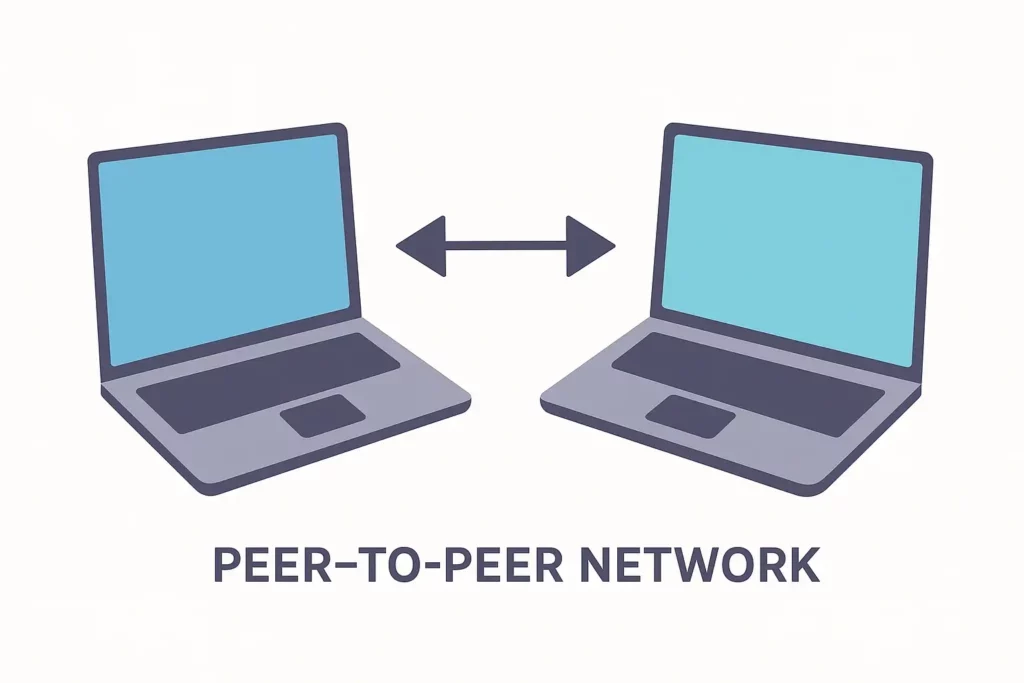 Flat-vector illustration of a peer-to-peer network: two laptops facing each other with a double-headed arrow between them, signifying equal data exchange.