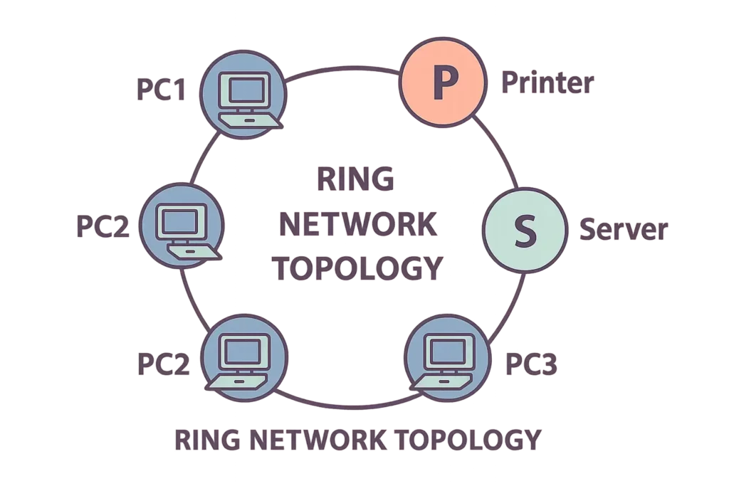 Diagram of a ring network topology: four PCs, a printer node, and a server node form a closed circle, each linked to two neighbours, illustrating a ring data path.