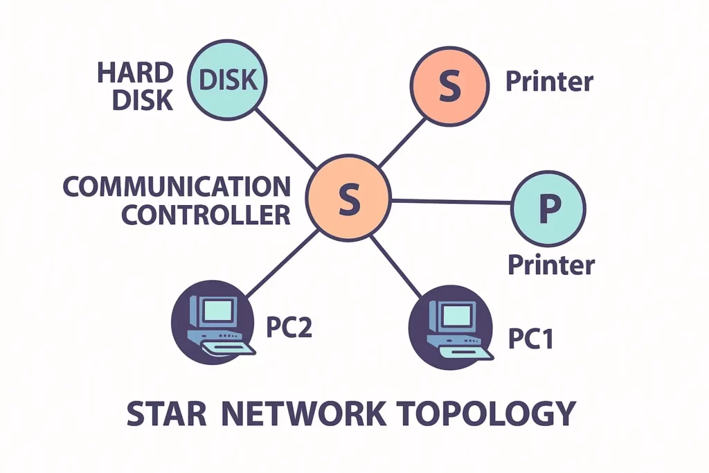Star network topology diagram: central communication controller labeled S connects via individual links to a hard disk, a printer, and two PCs, illustrating hub-and-spoke layout.