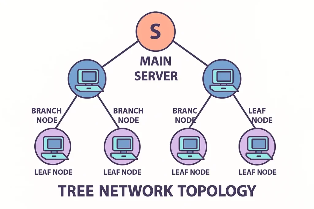 Diagram of a tree network topology: a main server at the root connects to two branch nodes, each of which links to two leaf computers, illustrating hierarchical structure.