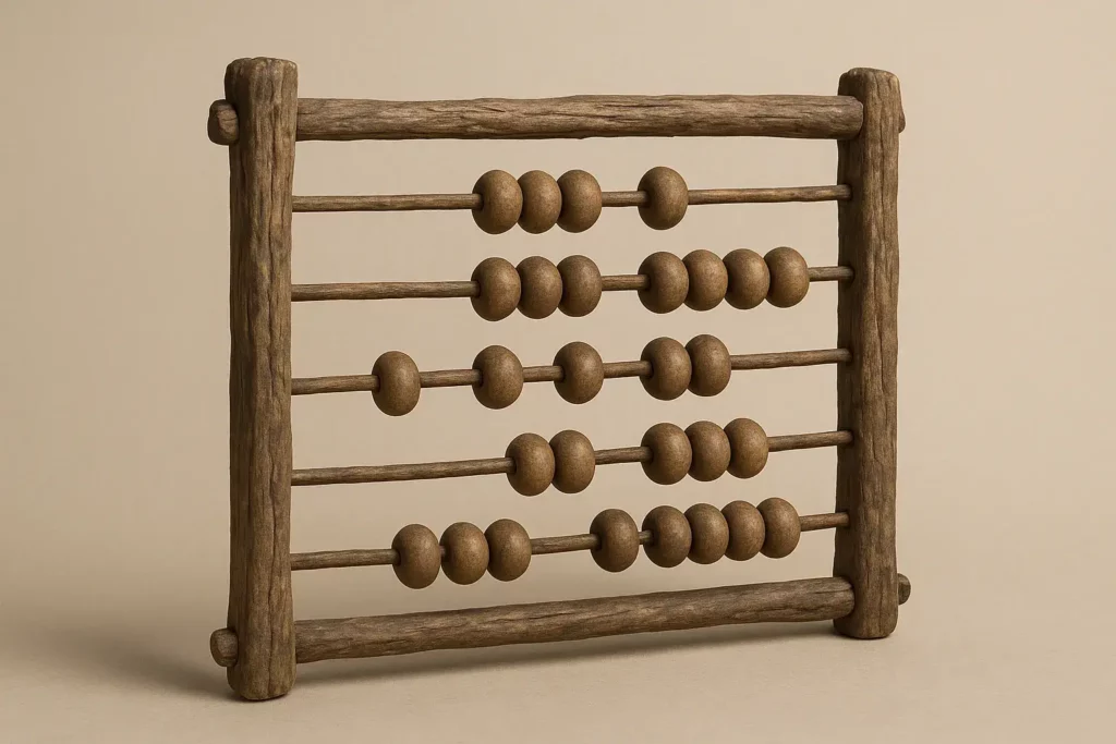 Realistic 3D illustration of an ancient abacus from 5000 BC—wooden counting frame with hand-carved beads, isolated on a neutral background, 3:2 aspect ratio