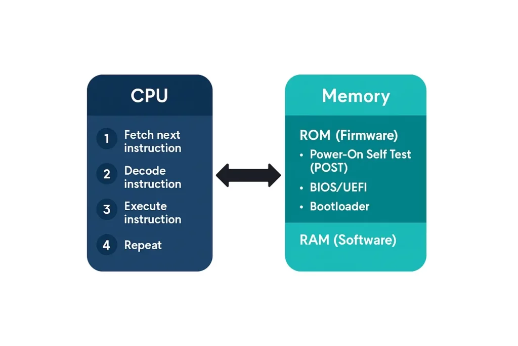 Diagram showing a CPU’s fetch–decode–execute cycle linked to Memory, separating ROM firmware (POST, BIOS/UEFI, Bootloader) from RAM software.