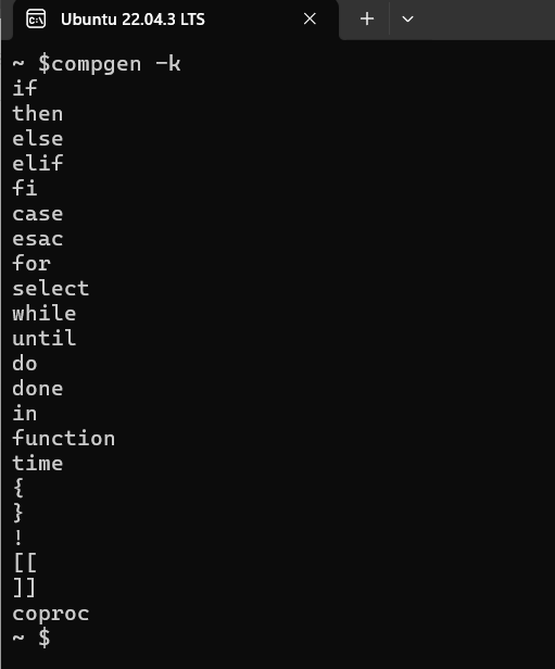 compgen -k output in bash