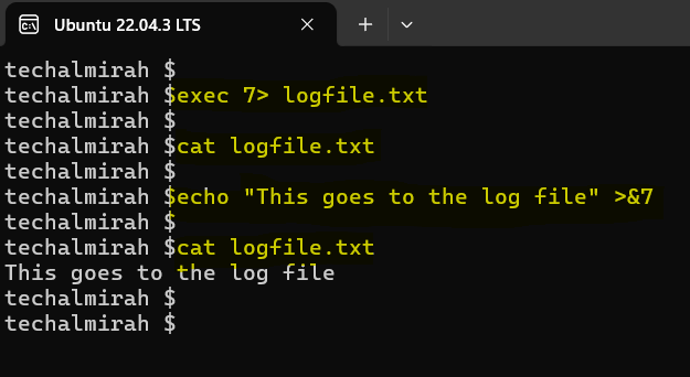 Open logfile.txt for writing on file descriptor 7 and then Send output to file descriptor 7.
