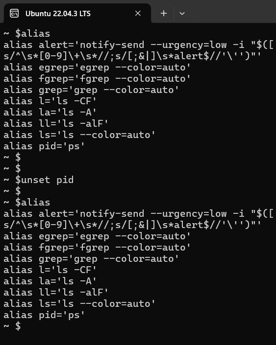 list aliases and unset aliases in bash shell
